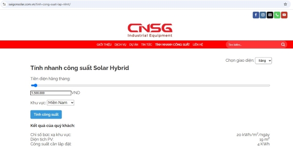 Kết quả hiển thị diện tích cần lắp đặt và công suất phù hợp với nhu cầu sử dụng điện